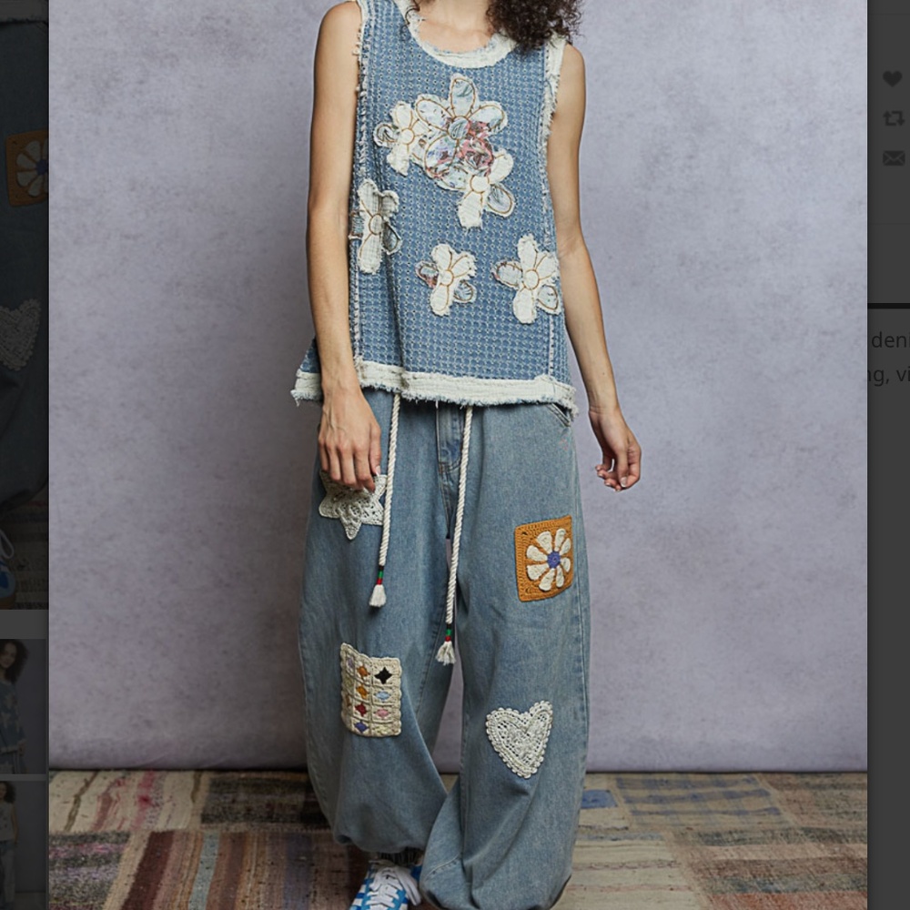 ❤️ POL “ Mary “ POL Denim Top with Double Gauze Flower Patch 44 - Picture 7 of 7